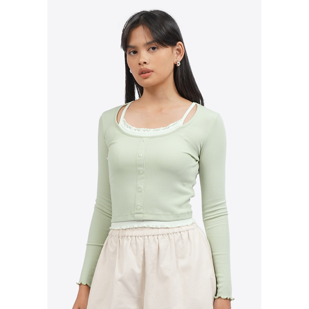 COLORBOX Double Layer Long Sleeve Knit Top Sage