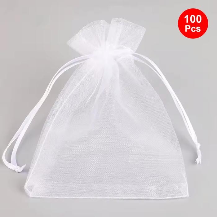 100 Pcs Kantong Tile Souvenir Tas Jaring Tali Serut Organza Gift Pouch Hadiah Pesta Putih Transparan