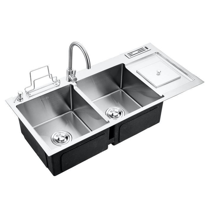 RINOKS BCP DBF-10048 handmade Wastafel dapur 2 lubang tempat sampah