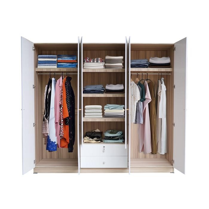 Kirana Morris - Lemari Pakaian Kayu 6 Pintu Putih Wardrobe Jumbo Modern Nimalis