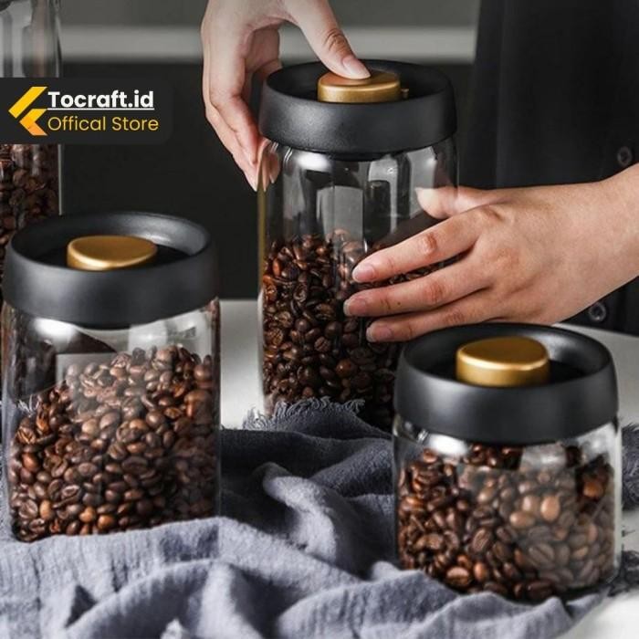 TCID Toples Kaca Tempat Kopi Bumbu Kedap Udara Coffee Beans Sealed Tutup Plastik
