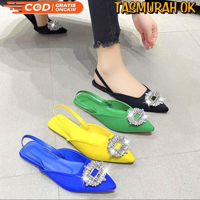 Sandal Mules Flat Shoes Wanita Sendal Teplek Pesta Branded Kristal Ori -Gratisongkir