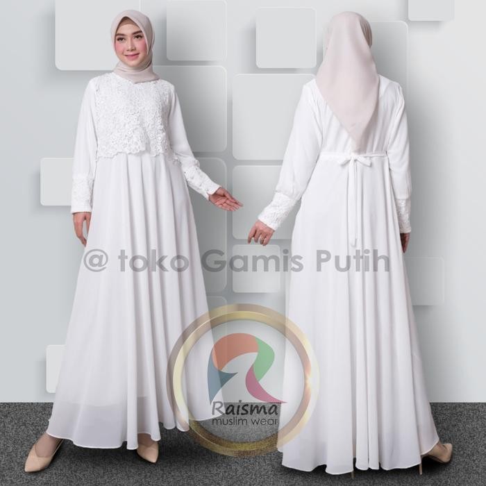 GAMIS PUTIH TULANG BROKAT TERBARU MODEL MAYUNG TANGAN MANSET 10CM RAIS