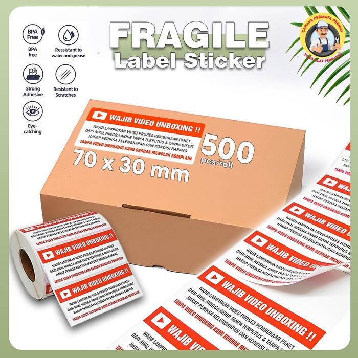 

AT Stiker Label Fragile Video Unboxing Sticker 7 x 3 cm (1 roll/ 500 pcs)