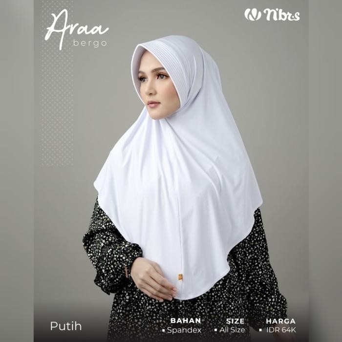 Nibras Hijab Araa Bergo Warna Putih Polos Jilbab Instan Adem Spandek