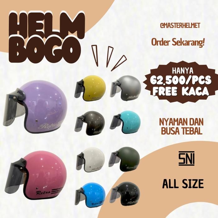 Helm Bogo Retro Dewasa Cewek Cowok Helm Polos Classic Garis 3