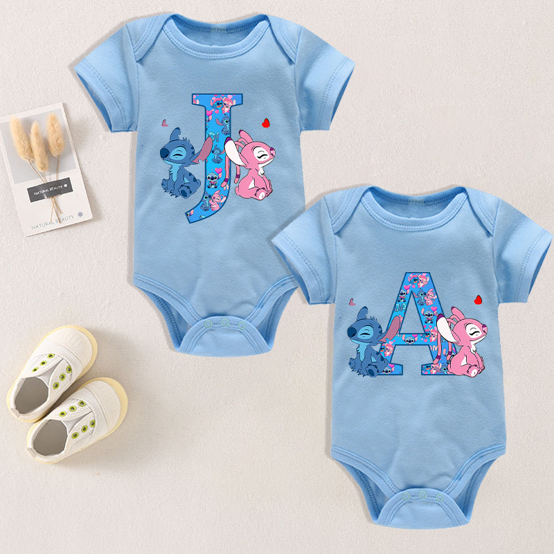 Disney Stitch Baby Bodysuit Clothes Cartoon Letter A-Z Printing Cotton Jumpsuit Boys Girls Summer