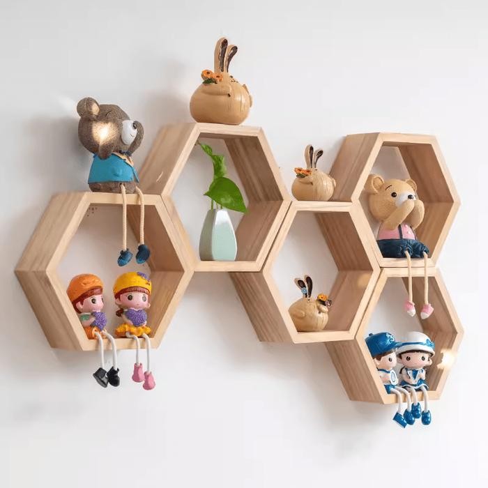 Rak Dinding Hexagonal Hiasan Dinding Aesthetic Rak Hexagonal Kayu Jati Pajangan Hiasan Dinding