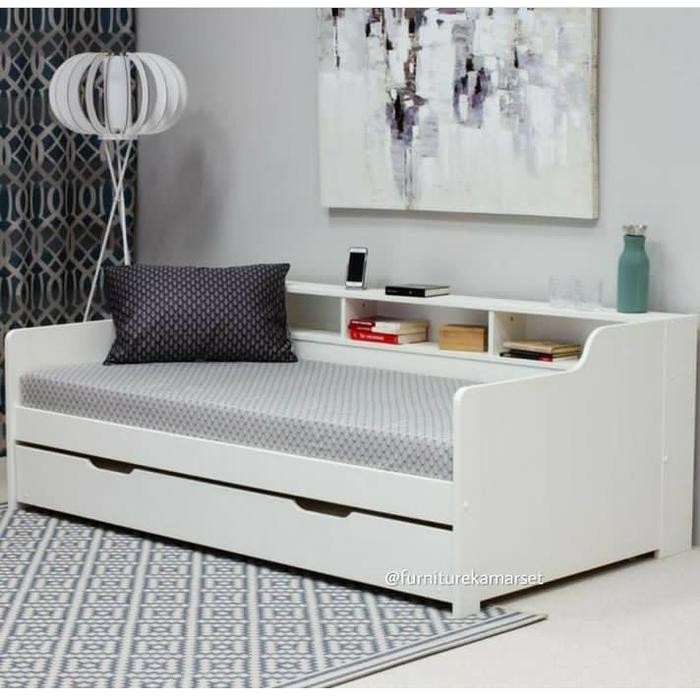 Dipan Sorong 120X200Cm Tidur Nimalis Kayu Finishing Duco Putih Ranjang Bed