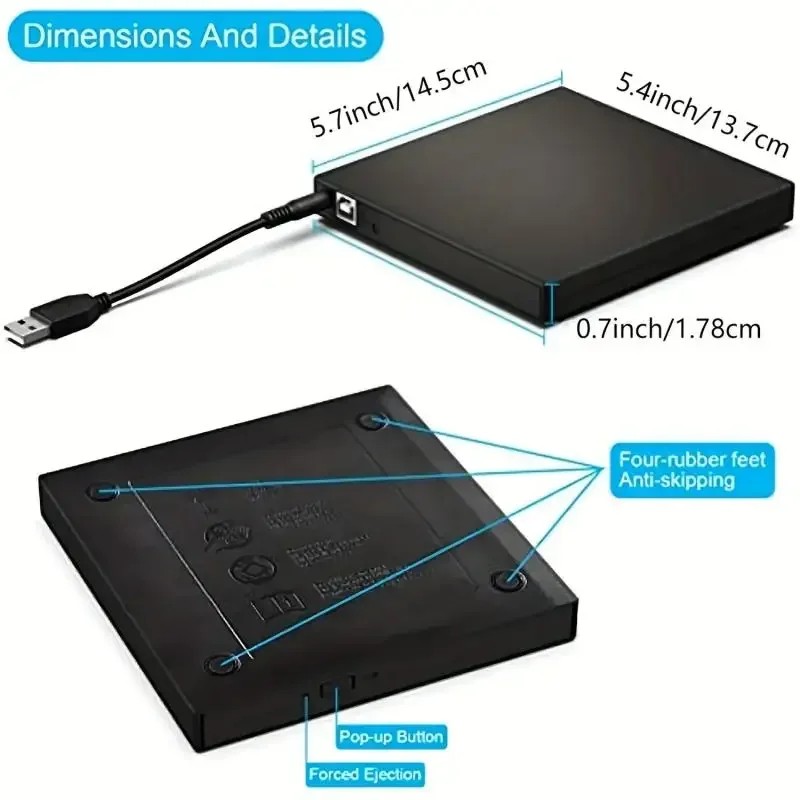 External DVD CD Drive, USB 2.0 Slim Protectable External CD-RW Optical Drive DVD-ROM Player for