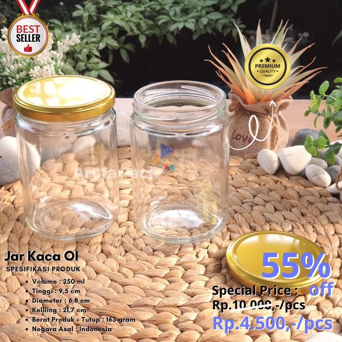 Jar kaca 250ml bulat OI glass jar toples tutup kaleng emas - new WIB Kode 772