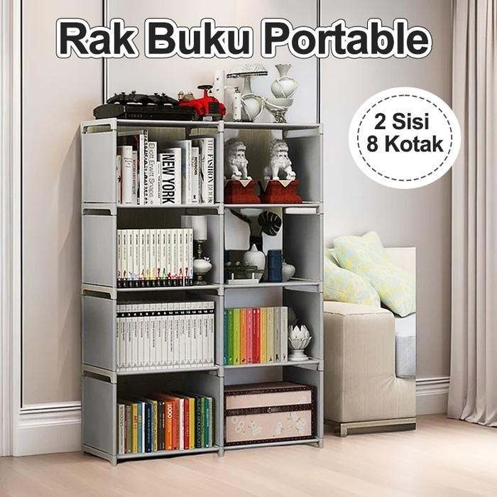 Rak Buku Serbaguna Portable Lemari Buku 2 Sisi 8 Kotak/Lemari Rak Buku Tas Majalah Boneka Portable