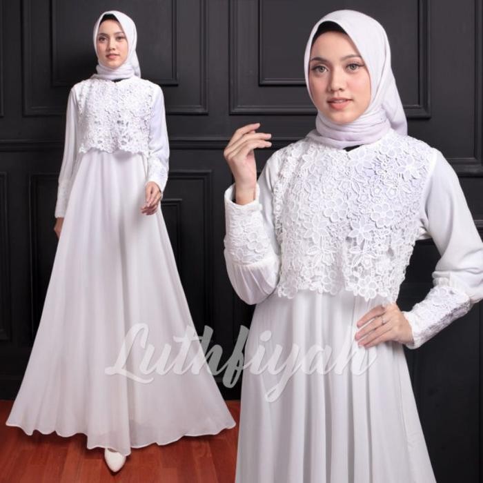 Ready- Gamis Cantik Model Payung Kombinasi Brukat Polos Bunga Putih Muslim Wanita Mewah Kancing