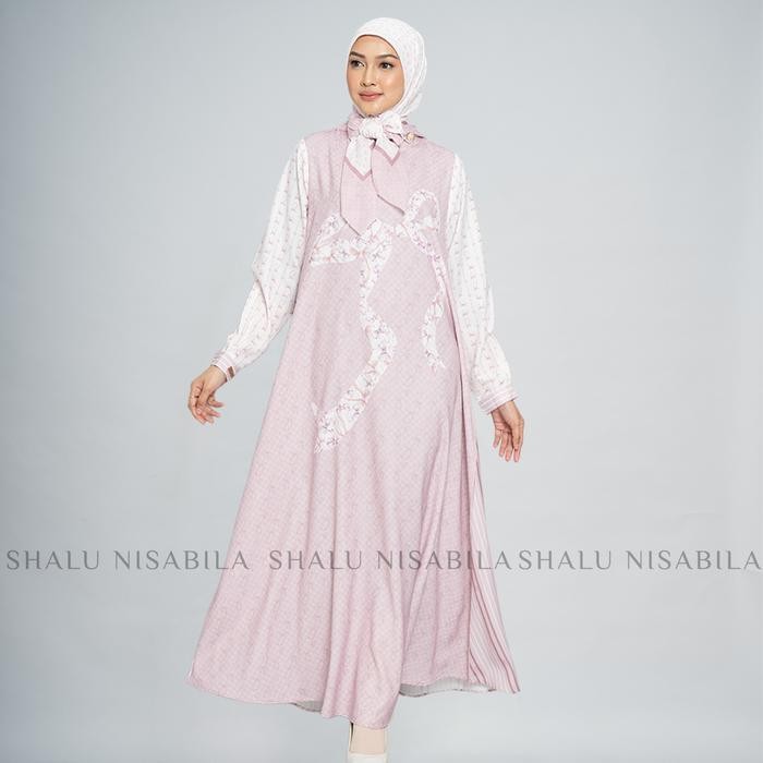 Shalu Nisabila - Hasya Dress Gamis Panjang Printing Motif Pita Mewah Simple Syari Wudhu Friendly