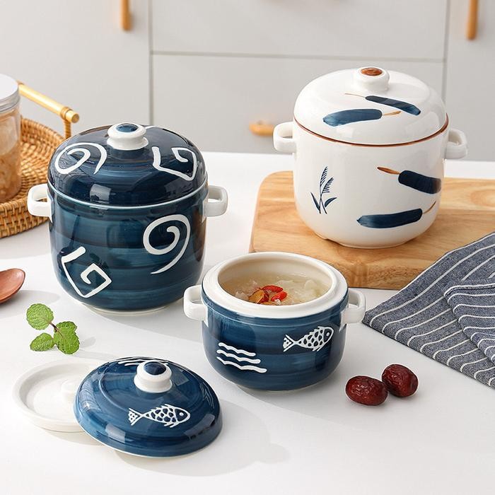 Mangkok Keramik Besar Chawan Mushi / Sop Dessert dengan Tutup Microwave Safe / Tahan Panas / Mangkok