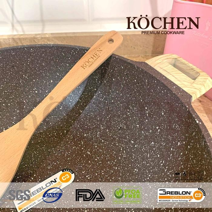 KOCHEN Wokpan 36cm Grablon Granit German 5 Lapis dapur peralatan Hijau Kayu Kitchenware Silikon