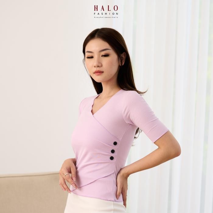 (Expert) [HaloFashion] Anya Top Casual Kancing Samping VNeck Crop Short Sleeve Atasan Fashion korea