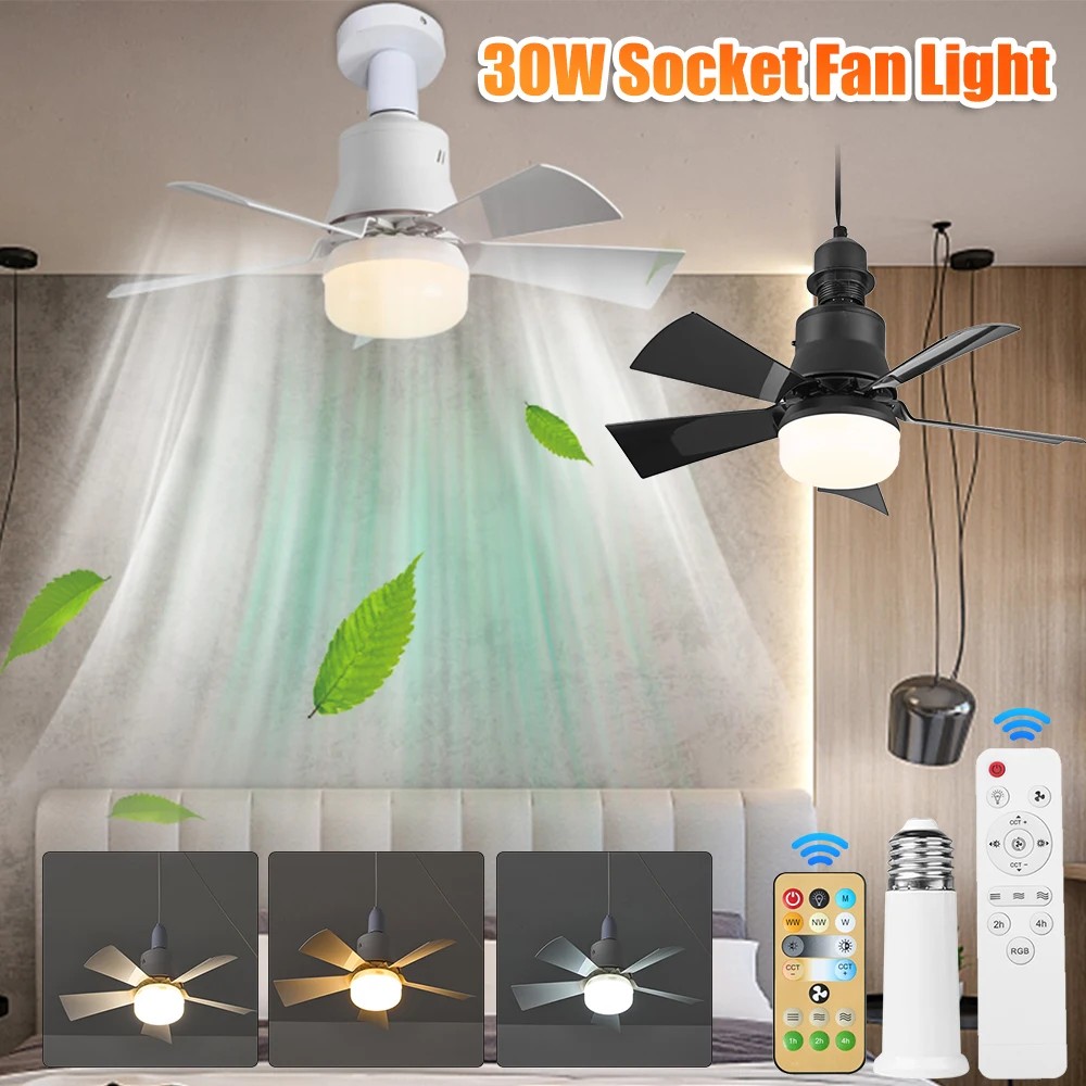 Screw Ceiling Fans with Light Remote Control 3 Speeds E27 Quiet Ceiling Fan with Lamp Dimmable Timin