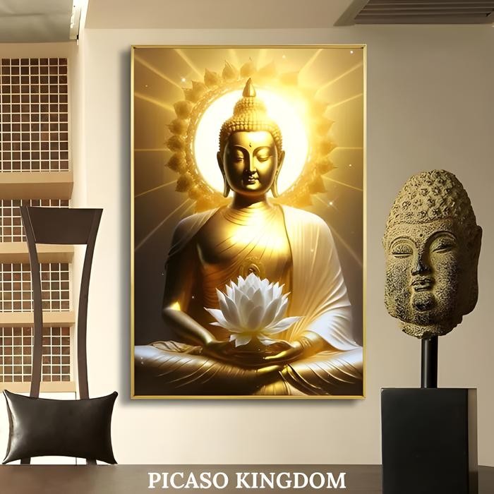 Lukisan Porcelain Painting 5D Diamond - Buddha Patung Emas - Aluminium Frame