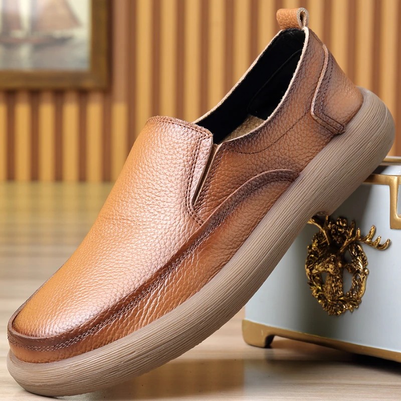 Summer Casual Genuine Leather Shoes Breathable Men's Wide Feet Beef Tendon Soles Napa Pattern Men's 