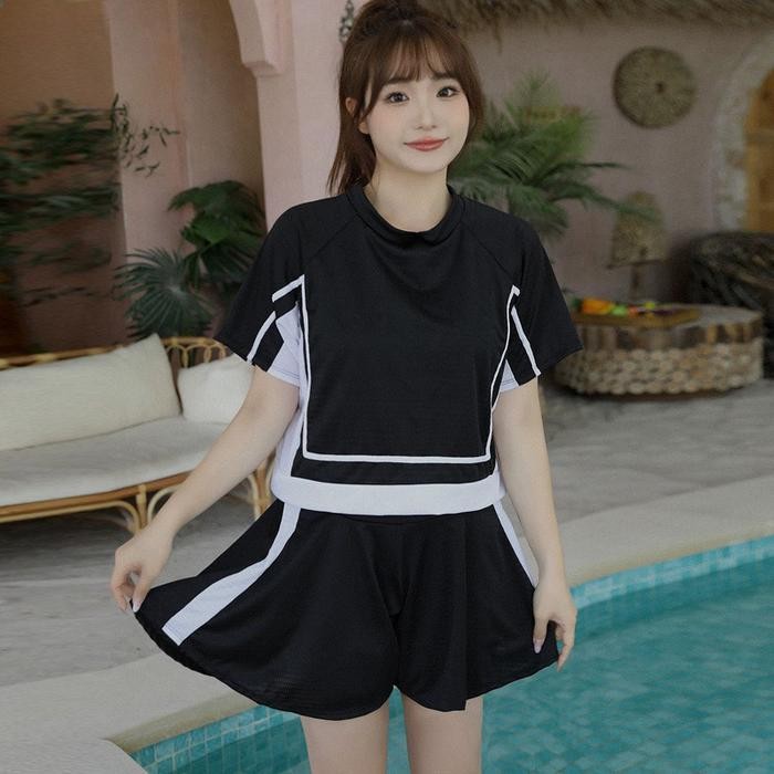 Termurah Baju Renang Import Wanita Set Kaos Celana Hitam Putih Jumbo Big Size