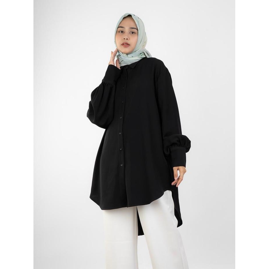 (Expert) HaymeeIDN - Haifa Tunik Kemeja Tunik Jumbo Tangan Balon Bahan Jetblack