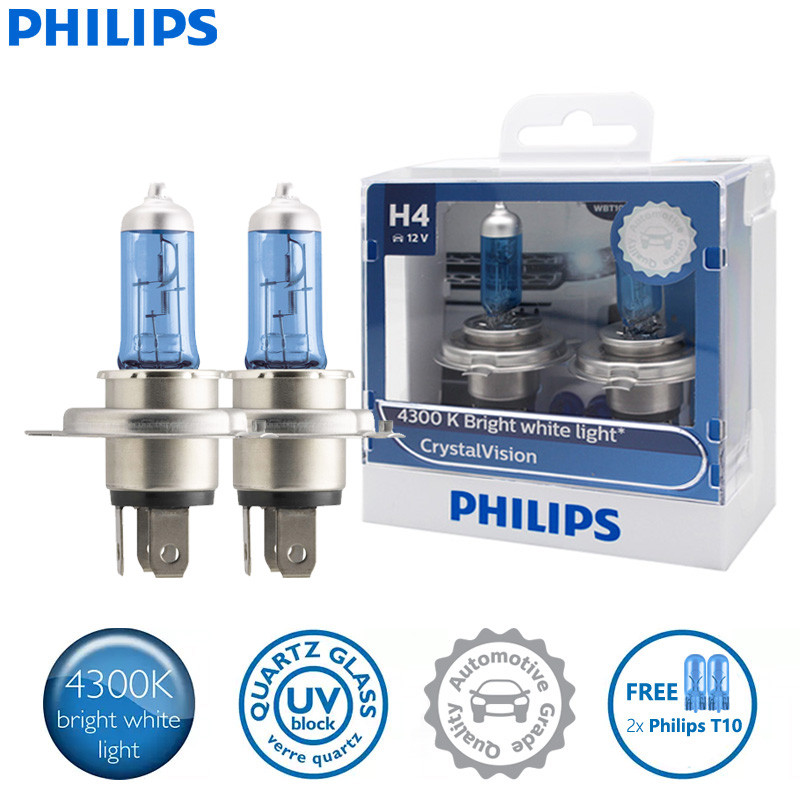 2X Philips H4 9003 12V 60/55W HB2 Crystal Vision 4300K White Light Halogen Headlight Car Bulbs with 