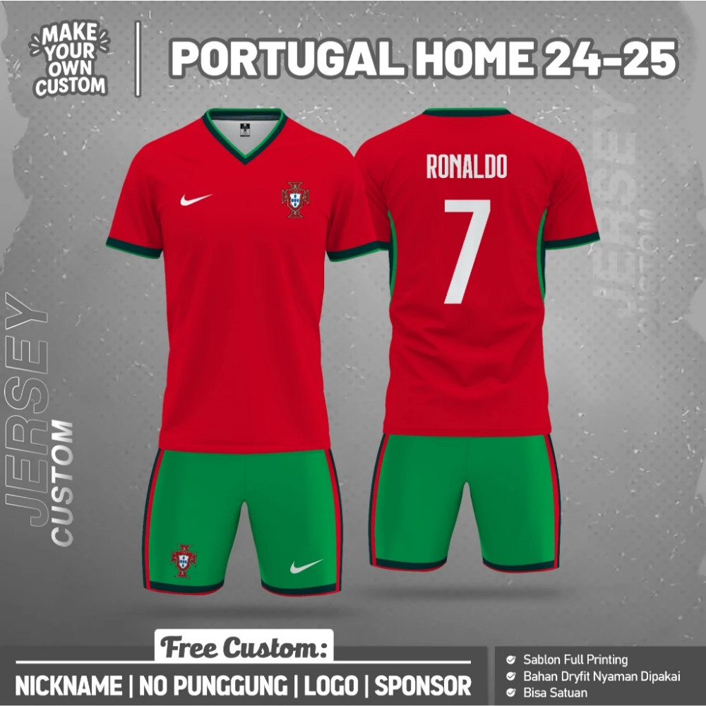Portugal Cristiano Ronaldo CR7 Home Jersey Bola 2024-2025 Original Desain Size Anak Dewasa Custom Na