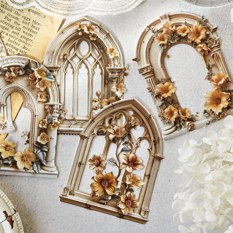 

6Style 10Pcs/bag Relief Embossed Collage Card Flower Window Arch Theme DIY Handbook