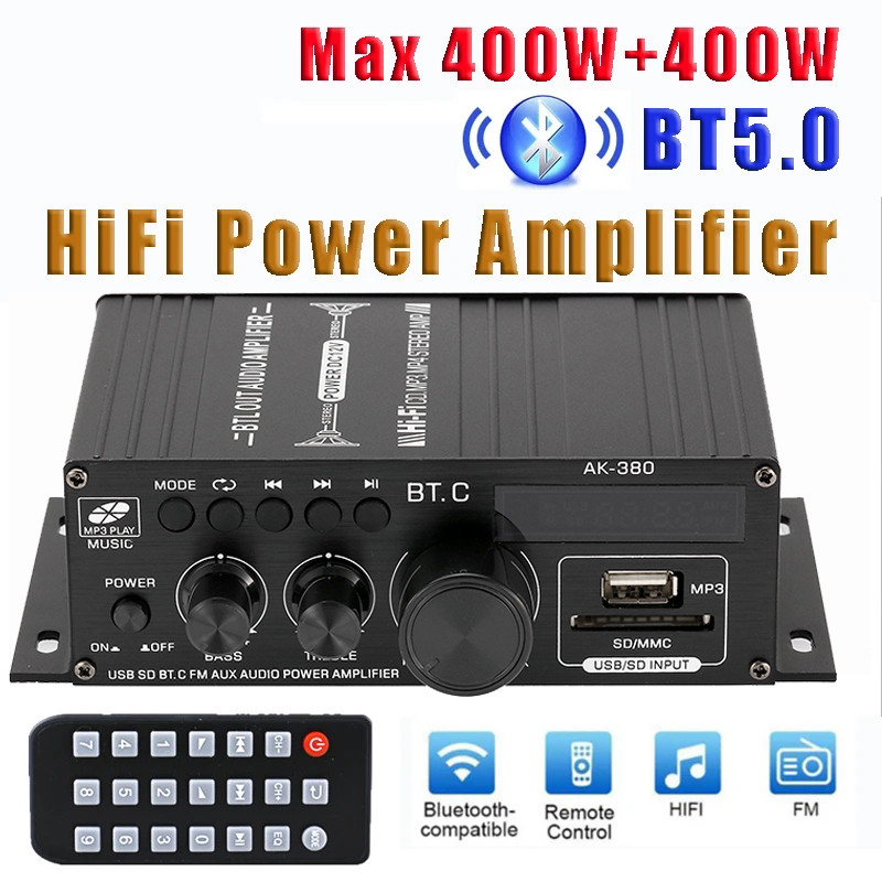 AK380 12V Bluetooth Power Amplifier Home Car Class D HiFi Amp Max 800W Stereo BASS Audio Amps Suppor