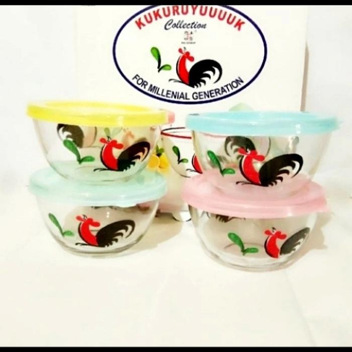 Mangkok kaca motif ayam / Mangkok tutup isi 4 pcs murah