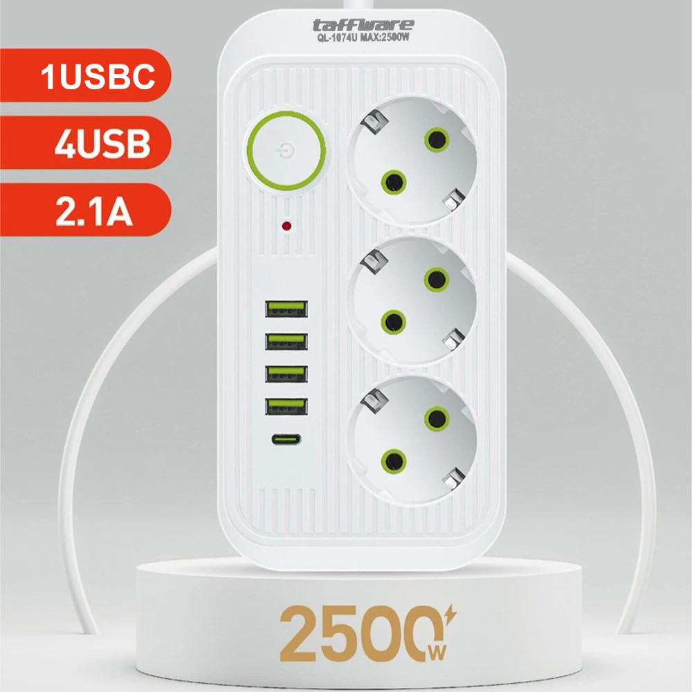 Stop Kontak Listrik 3 Lubang Multifungsi + Charger 4 Port USB A dan 1 USB Type C