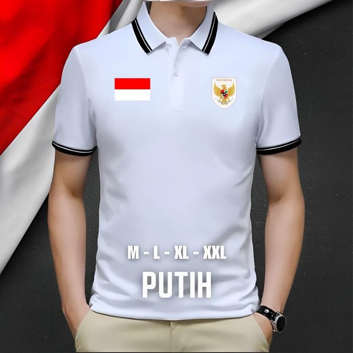 (Allthebest) Kaos Kerah Polo Kemerdekaan Indonesia Logo Timnas Terbaru Putih Bendera Merah Putih