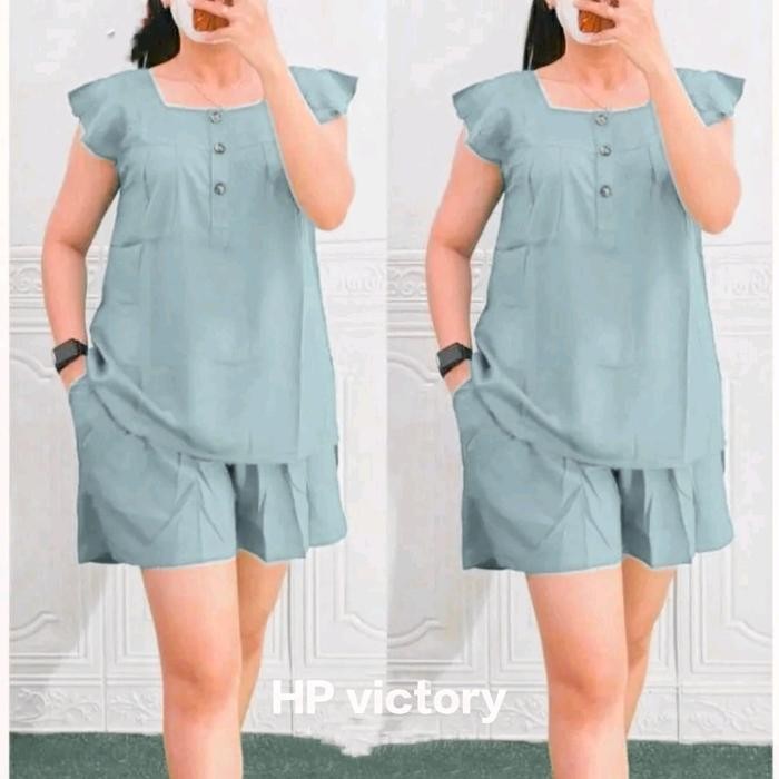 Setelan Rayon Baju Wanita Celana Pendek Hotpen Kancing Karet Nyaman Tangan Rempel Motif Polos Atasan