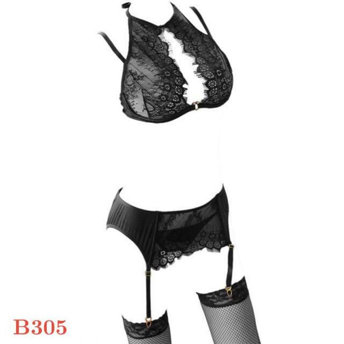 NEW Pakaian Dalam Wanita Sexy B305 Bra Set Bralette Hitam Garter Stocking