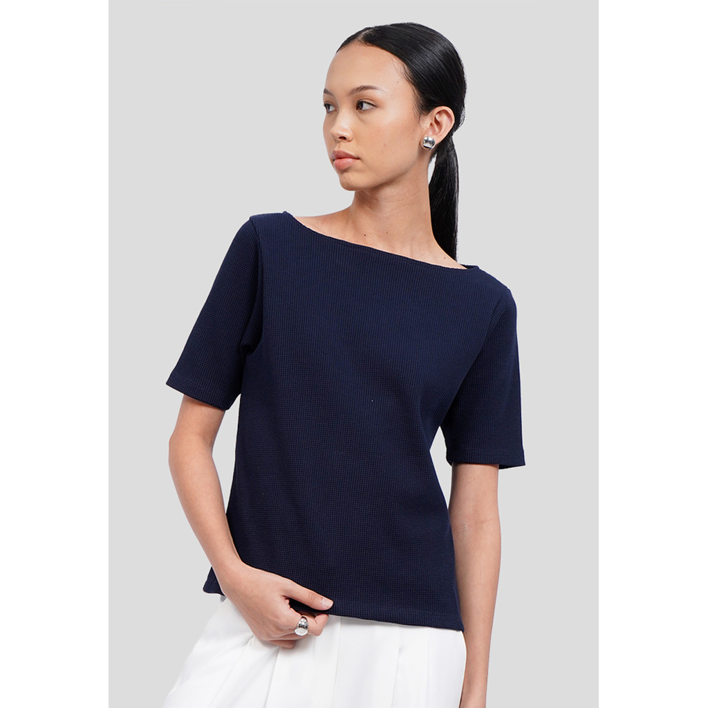 Executive Boat Neck Short Sleeve Knit Top Dark Blue