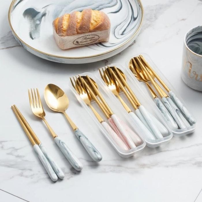 Sendok Garpu Set Korea Marble Gold Cutlery + Box / Alat Makan Cantik