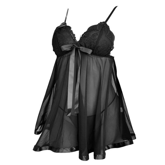 NEW L1329 Baju Tidur Wanita Gaun Malam Model Mini Dress Daster Pendek Hitam Polos Terawang