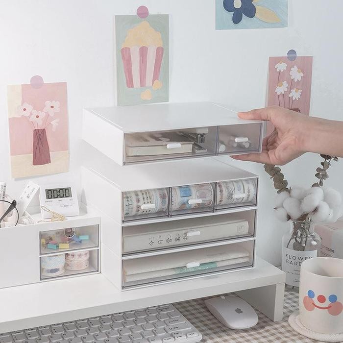 (Allthebest) [MILOLI] Mini Drawer Storage Box Aesthetic Style Korean Desk Laci Mini Putih Desktop