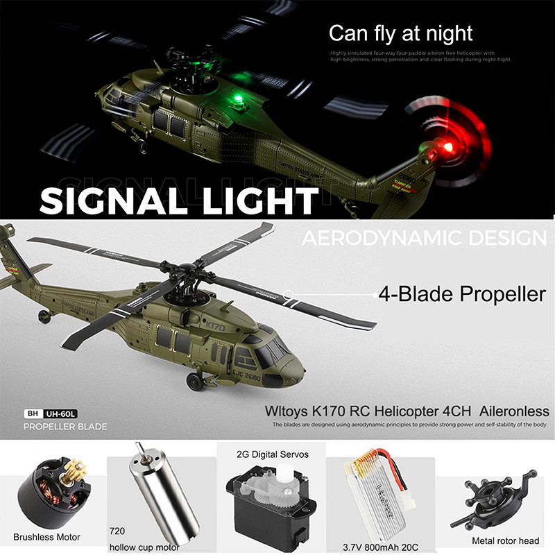 K170 RC Helicopter UH-60L 4 Channel Remote Control brushless Helicopters with Gyro and LED Light