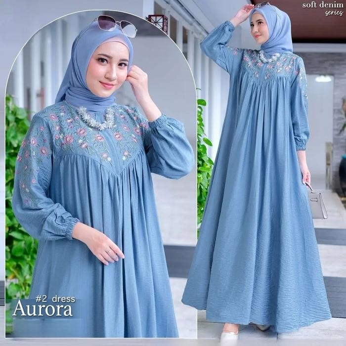 (Allthebest) Gamis Wanita Crinkle Airflow Terbaru Aurora Bo Dress Bordir Putih Jumbo Ld 130 cm Baju