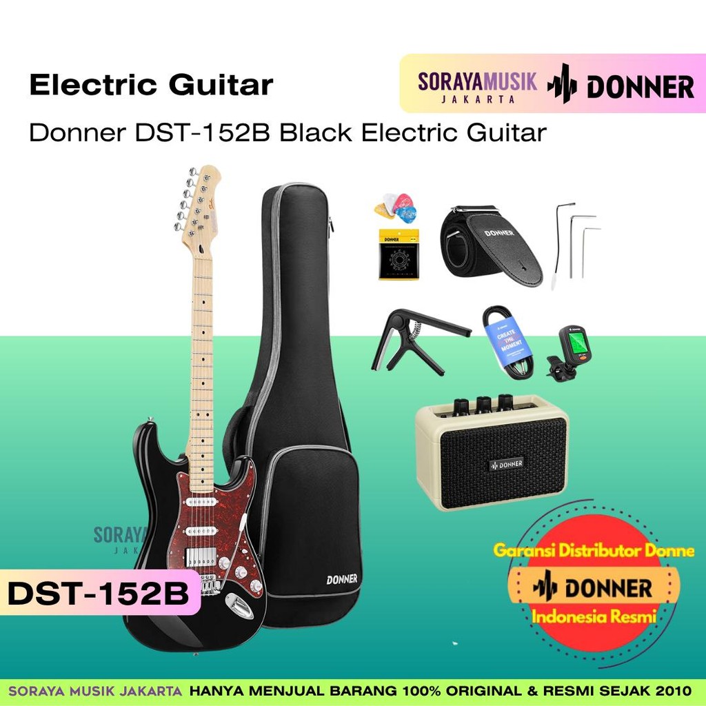 Donner DST-152B Black Electric Guitar Full Set – Includes Amplifier, Tuner, Bag, Cable, Strap, Capo,