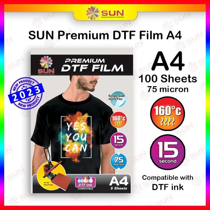 

Kertas Film Sablon DTF Transfer Paper A4 75 micron - SUN Premium DTF Film A4 isi 100 Lembar ( untuk