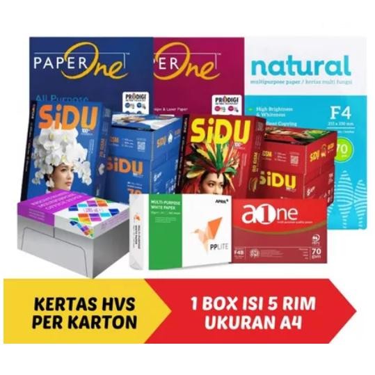

Kertas HVS A4 70 75 80 gsm PER-KARTON (1 KARTON / DUS isi 5 RIM) - SIDU Paperone PP Lite Bmo Aone