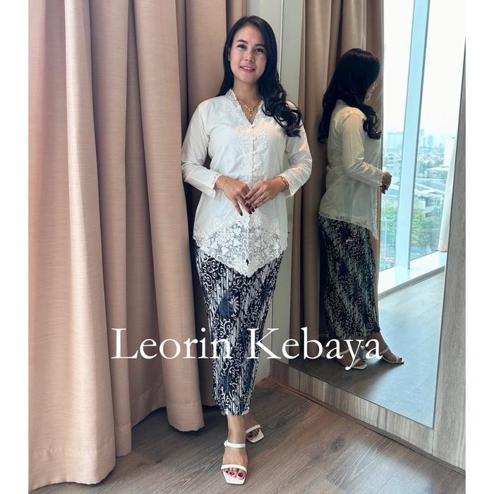 Setelan Kebaya Encim Putih Modern Bahan Katun Bordir Premium Size Jumbo Lengan Panjang Pendek 7/8