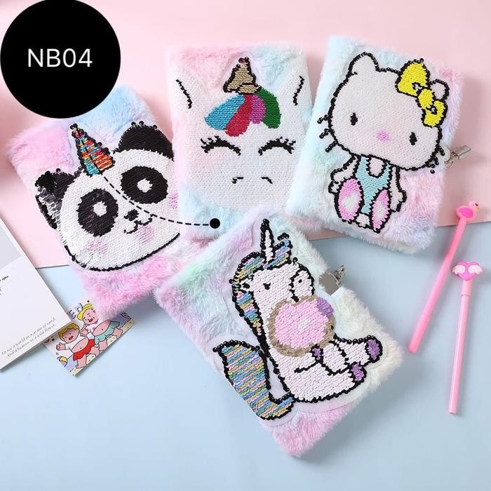 

I77W Notebook Unicorn Buku Tulis Agenda Diary Fur Bulu Sequin Nb04