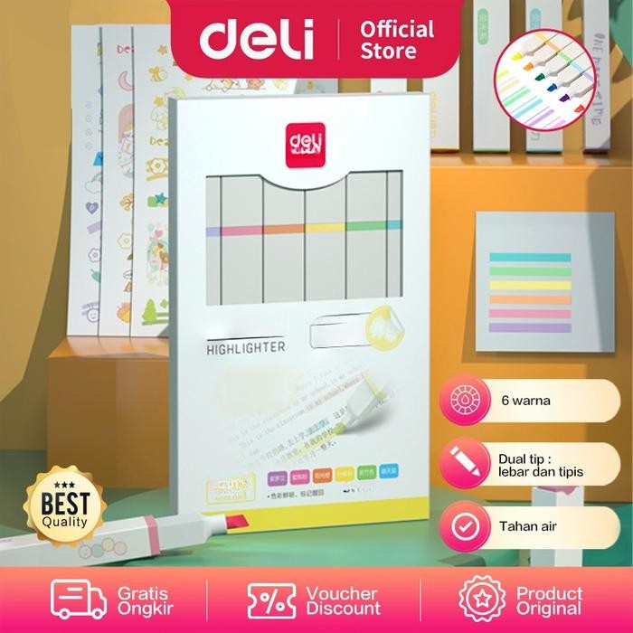 

X689 Deli Highlighter / Penanda Warna Dual Tip 6 Warna Terang S741 Biru Stationery