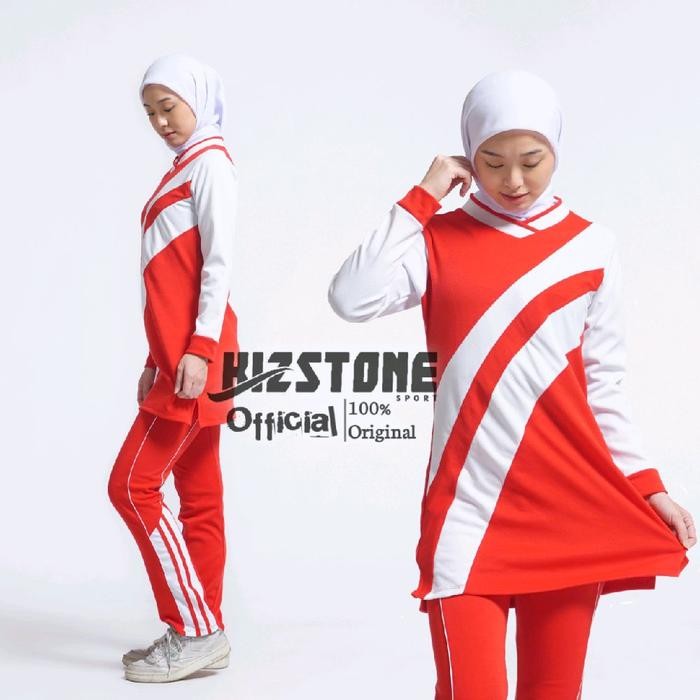 pita Baju Olahraga Muslimah Merah Putih Setelan Baju Senam Wanita Seragam untuk Wanita Sport Panjang
