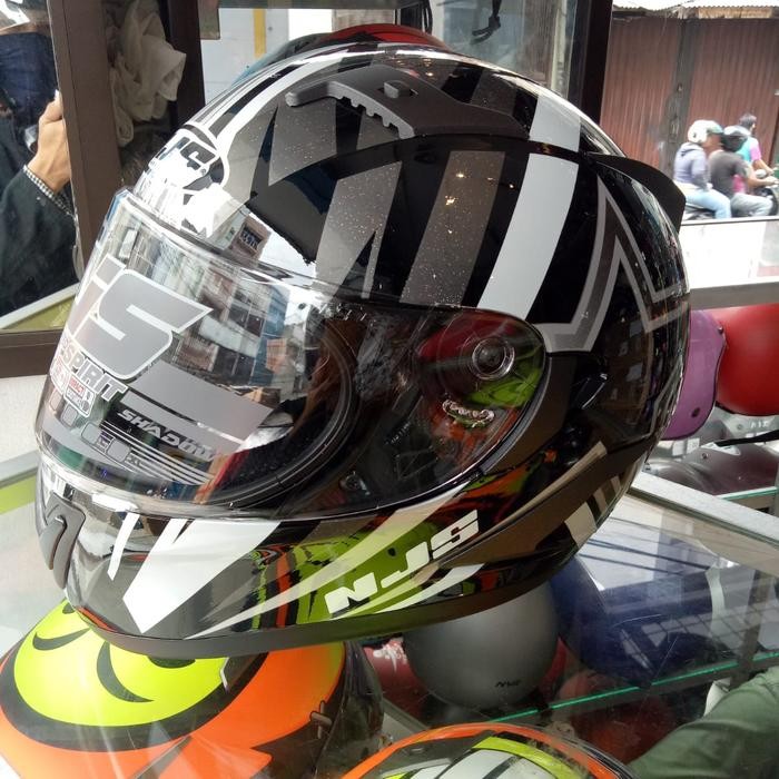 Helm Njs Shadow Double Visor Motif New Abu Lis Putih Kilat