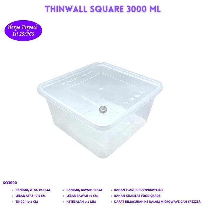 JT Thinwall Squere 3000 Ml Food Container Thinwall (Isi 25 Pcs-SQ3000)